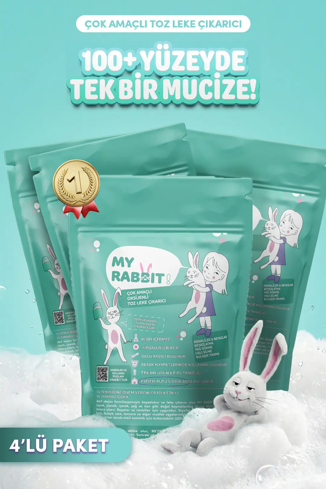 Çamaşır Ve Yüzey Için Çok Amaçlı Oksijenli Toz Leke Çıkarıcı ve beyazlatıcı 4'lü Paket 4 X 800 gr