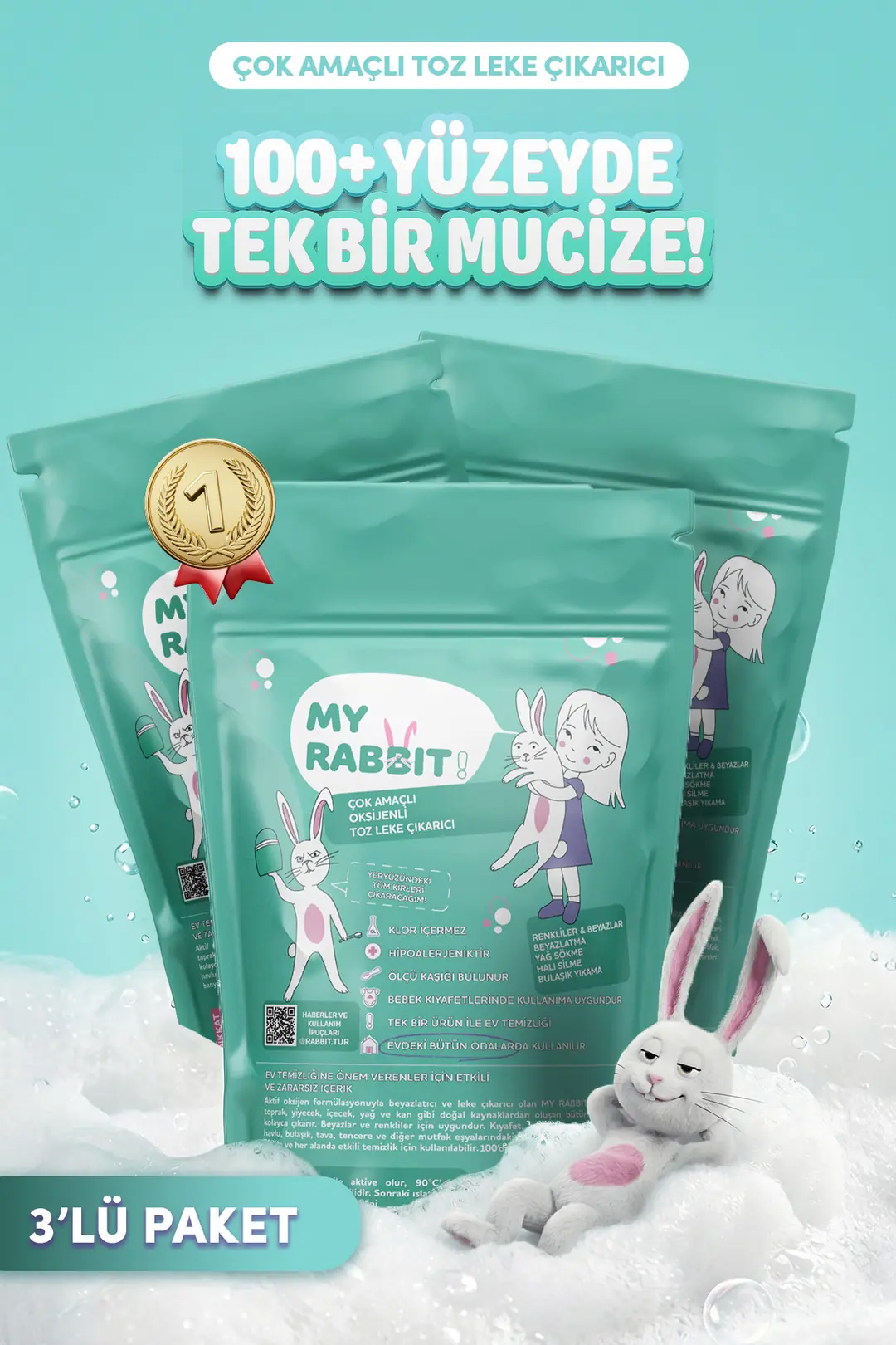 Çamaşır Ve Yüzey Için Çok Amaçlı Oksijenli Toz Leke Çıkarıcı ve beyazlatıcı 3'lü Paket 3 X 800 gr